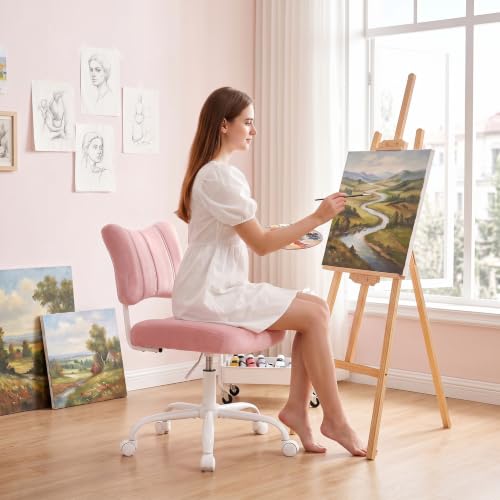 Homkdom Velvet Vanity Chair with Bow Backrest & Height Adjustable,Bedroom | Armless,360 Swivel,Silent Casters for Dressing Room & Living Room, Home Office,Make up,Reading,Light Pink - color: Light Pink