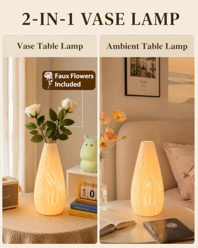 Ceramic Vase Table Lamp - 2700K Bulb & 3 Artificial Flowers Included | Handmade Openwork Craft - Inline Switch - E12 Socket - Tulip 11" - style: Tulip