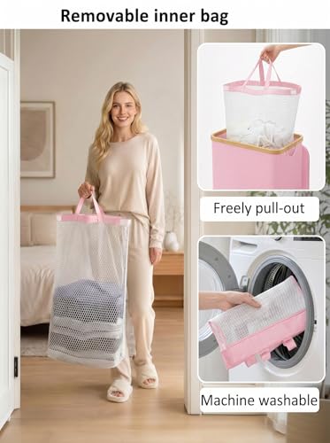 IEGrow Laundry Hamper with Lid,110L Laundry Basket with Mesh Bags,Pink | Dirty Clothes Hamper Basket with Bamboo Handle for Clothes Towels - color: Pink, size: 110L