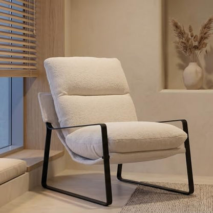 LukeAlon Modern Sherpa Accent Armchair, White | Sherpa Upholstered Living Room Chair With Metal Base & Thickened Cushion, Comfy Single Lounge Sofa for Bedroom, Office - color: Fur White