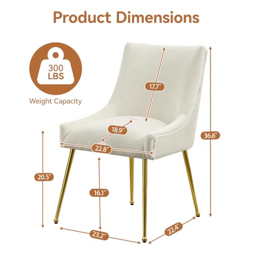 WUTUTUEE Velvet Dining Chairs Set of 6 Gold Legs,Upholstered Velvet Accent Chairs, Pleated Back Design & Gold Pull Handle, Mid Century Modern Chairs for Dining/Kitchen/Living Room,Beige - color: Beige, size: Set of 6