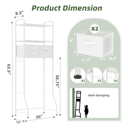 Simple Trending Over The Toilet Storage Rack with Drawers, Metal 3 Tier Bathroom Organizer Shelf with Paper Holder and 3 Hooks, White - color: White With Drawers