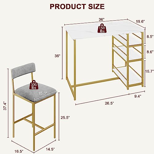 Dining Table Set for 2, Counter Height Kitchen Table and Chairs, Bar Table Set with 2 Upholstered Bar Stools, 3 Piece Dining Room Table Set for Small Space, Apartment, Gold