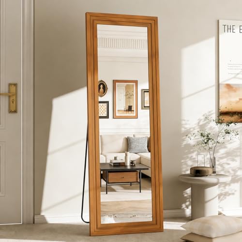 ZHUNFA Full Length Mirror, 65x22 Inch Full Length Mirror Wall Mounted | Vertical Hanging, Leaning Standing for Bedroom, Living Room, Rectangular Wooden Frame, Walnut Color. - color: Walnut, size: 65"L x 22"W