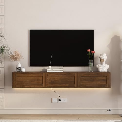 Floating TV Stand Wall Mounted with Led Lights & Power Outlets, Wooden Media Console for TVs Up to 70 Inch, Entertainment Center Television Table Cabinet for Living Room, Walnut - color: Walnut, size: 68.9" W x 10.6" H