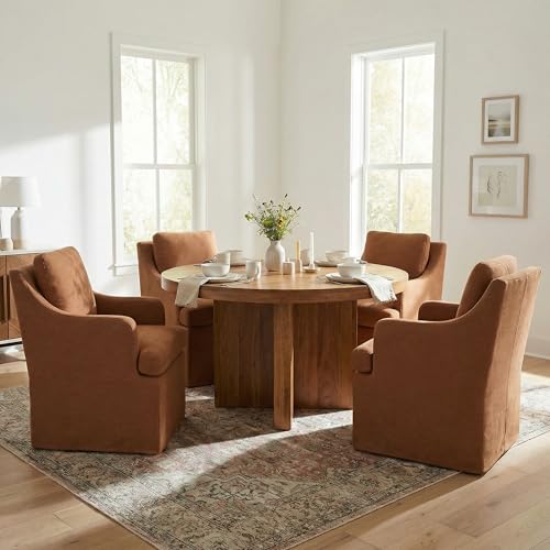 VKNOW Upholstered Dining Chairs Set of 4, Dining Room Chairs with Casters | Modern Rolling Dining Chairs with Armrest, Soft Chenille Fabric, Washable Cover, Easy Assembly, Living Room, Bedroom, Orange - color: Orange, size: 4