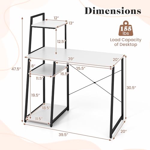 Tangkula Computer Desk with Shelves, Space Saving Home Office Desk with 3-Tier Ladder Shaped Storage Bookshelf, Modern Writing Study Desk with Metal Frame, Compact Computer Workstation (White) - color: White