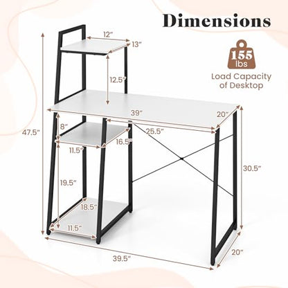 Tangkula Computer Desk with Shelves, Space Saving Home Office Desk with 3-Tier Ladder Shaped Storage Bookshelf, Modern Writing Study Desk with Metal Frame, Compact Computer Workstation (White) - color: White