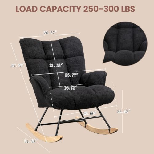 Rocking Chair Nursery Teddy Upholstered Glider Rocker Rocking Accent Chair Padded Seat with High Backrest Armchair Comfy Side Chair for Living Room Bedroom Offices (Black Teddy) - color: Black