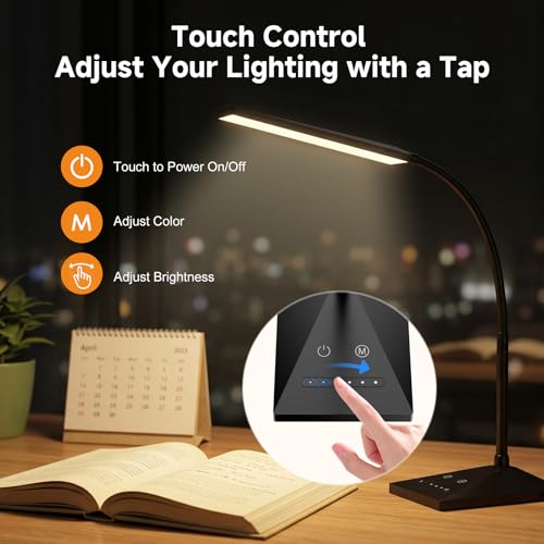 LED Desk Lamp, Eye-Caring Desk Light | 7W 390LM ,5 Color Modes & Stepless Dimming, 360° Flexible Gooseneck Touch Control Table Lamp for Bedroom Bedside Study Black - color: Jet Black