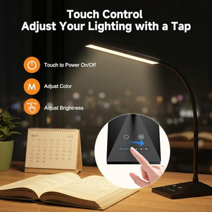 LED Desk Lamp, Eye-Caring Desk Light | 7W 390LM ,5 Color Modes & Stepless Dimming, 360° Flexible Gooseneck Touch Control Table Lamp for Bedroom Bedside Study Black - color: Jet Black