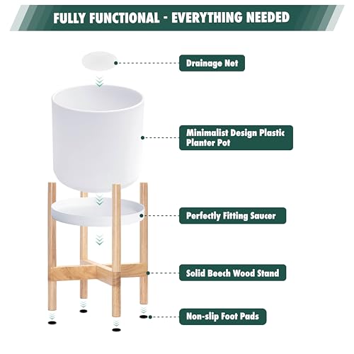 D'vine Dev Plastic Pot with Natural Wood Stand, White, 14 in, 55-C-S-1 | Mid-Century Inspired Design, Elevated Plant Display, Clean Lines, Sturdy Support, Modern Space-Saving Style - color: Matte White Pot + Natural Stand, size: 14 Inch