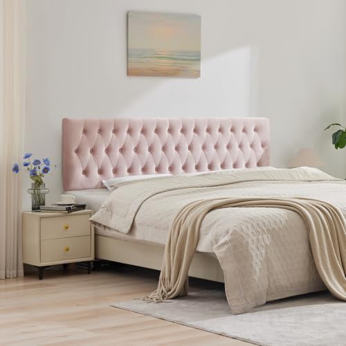 Tufted Upholstered King Size Bed Headboard in Modern Button Design, Adjustable Solid Wood Head Board, Premium Velvet Fabric Padded Headboards in Bedroom (Pink) - color: Pink, size: King