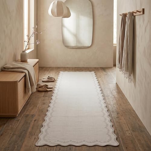GarveeHome 2.5x10 Scalloped Washable Runner Rug Long Hallway Kitchen Rug | Soft Beige Hall Runner Non Slip Entryway Rug Farmhouse Thin Laundry Mat Stain Resistant Carpet for Bathroom Beside Rug - color: Beige, size: 2'6" x 10' (Rectangular)