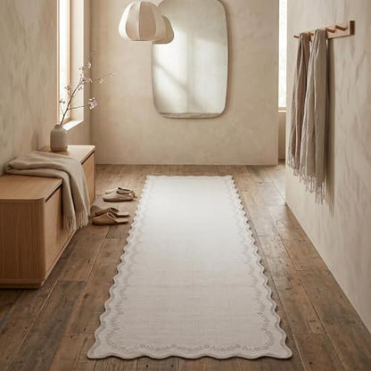 GarveeHome 2.5x10 Scalloped Washable Runner Rug Long Hallway Kitchen Rug | Soft Beige Hall Runner Non Slip Entryway Rug Farmhouse Thin Laundry Mat Stain Resistant Carpet for Bathroom Beside Rug - color: Beige, size: 2'6" x 10' (Rectangular)