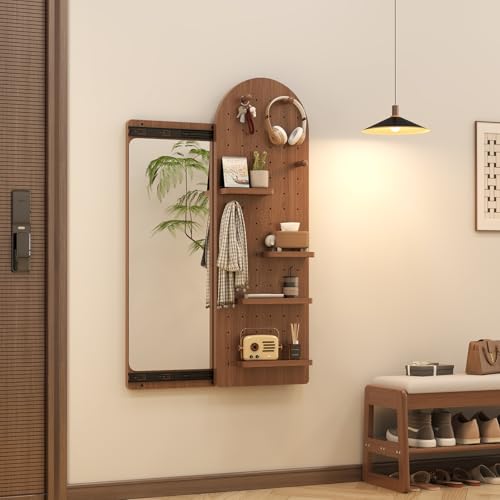 KungFuWood Full Length Mirror with Shelf and Hooks,Entry Way Mirrors for Wall,Wall Mirror with Shelf,Wall Mirror with Storage Multifunctional Design Panel,Living Room (Deep Walnut, 52.4" L x 19" W) - color: Deep Walnut, size: 63"L x 18"W
