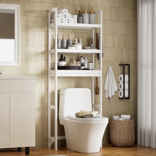 3-Tier wood over the Toilet Storage Cabinet , Simple Bathroom Storage rack | Space-saving freestanding wood shelf fits above standard toilets; open 3-tier storage holds towels & toiletries. White - color: White