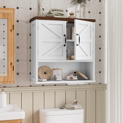 Bathroom Wall Cabinet with Barn Doors, Wall Mounted Bathroom Cabinet, Farmhouse Style, Adjustable Shelf, Wall Mounted Medicine Cabinets, 23.6 x 7.9 x 23.9 Inches - color: White, size: Large Bathroom Cabinet