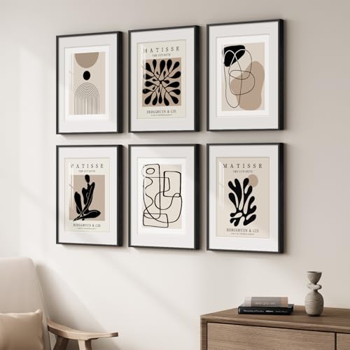 Framed Neutral Abstract Wall Art for Living Room, Set of 6 Minimalist Black Beige Prints Artwork for Walls, Modern Matisse and Geometric Pictures for Bedroom Dining Room Bathroom Wall Decor 11x14 In - color: Matisse and Geometry