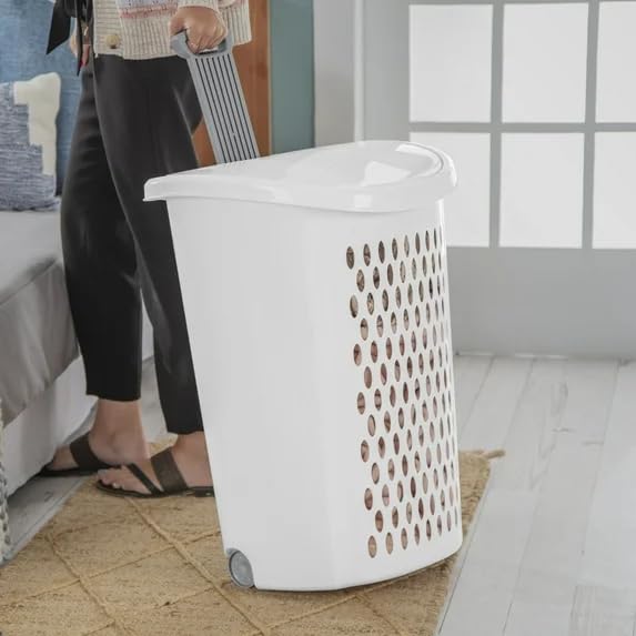 Wheeled Plastic Laundry Hamper,Adult-Sized White Rolling Basket, Large Capacity, Easy-Clean for Home/Laundry Room/Dorms