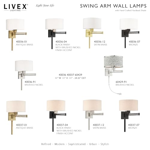 Livex Lighting 40036-07 1-Light Swing Arm Wall Light, Bronze | Off-White Fabric Shade - color: Bronze