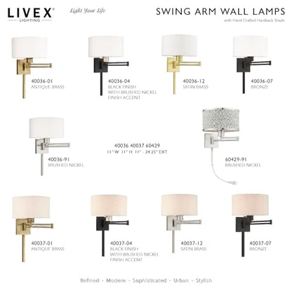 Livex Lighting 40036-04 1-Light Swing Arm Wall Light, Black | Off-White Fabric Shade - color: Black with Brushed Nickel Accent