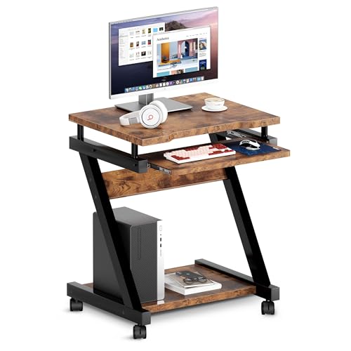 sogesfurniture Small Mobile Computer Desk with Keyboard Tray | Z-Shaped Compact Study Table, Rolling Workstation for Home and Office with Printer Shelf, Keyboard Drawers, Rustic Brown - color: Rustic Brown