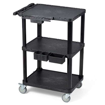 3-Tier Heavy Duty AV Cart with Power Strip, 27.5 x 18.25 in | 330 lbs Capacity, Flat Top Shelves, Industrial Rolling Cart, Swivel Wheels, AV Equipment Stand, Work Cart, Organizer - style: With Power Strip