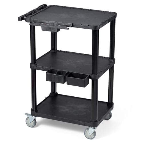 3-Tier Heavy Duty AV Cart with Power Strip, 27.5 x 18.25 in | 330 lbs Capacity, Flat Top Shelves, Industrial Rolling Cart, Swivel Wheels, AV Equipment Stand, Work Cart, Organizer - style: With Power Strip