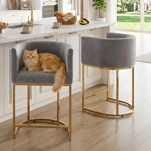 HNY Modern Counter Height Velvet Fabric Upholstered Counter Stools Set of 2, 24 Inch Kitchen Island Stool with Gold Finish Metal Frame, Grey - color: 24inch ,Grey,gold Base