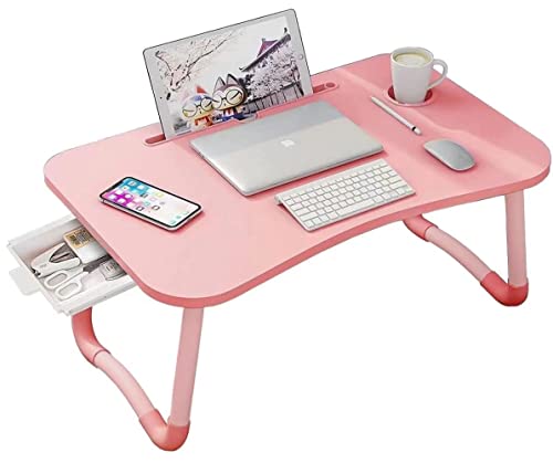Laptop Desk Foldable Bed Table, Portable Lap Desk Laptop Bed Tray Table with Storage Drawer and Cup Holder, Lap TraysTables Notebook Stand Reading Desks Breakfast Tray for Beds Couch Sofa Floor – Pink - color: Pink