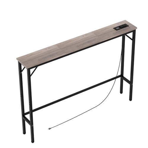 Aduanbang 5.9" Console Table with Outlet – Narrow Sofa Table, Behind Couch Table for Living Room & Hallway, 5.9" x 39.4" x 30", Metal Frame, Rustic Brown - color: Ivory, size: 5.9"D x 39.4"W x 30"H