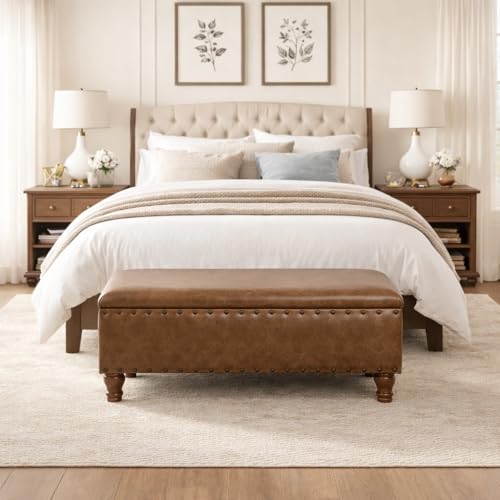 Homepop Home Decor | Upholstered Bench with Nailhead Trim | Large Faux Leather Ottoman with Storage for Living Room & Bedroom | Decorative Home Furniture, Brown Faux Leather - color: Espresso