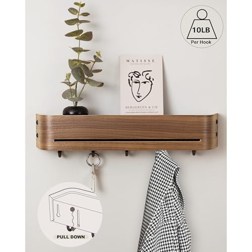 Key Holder Wall Mount with Shelf | 17 inch | Walnut | 5 Retractable Hooks | Modern Wall Key Hooks | Minimalist | Space-Saving | Wooden Key Rack for Entryway & Hallway - color: Walnut