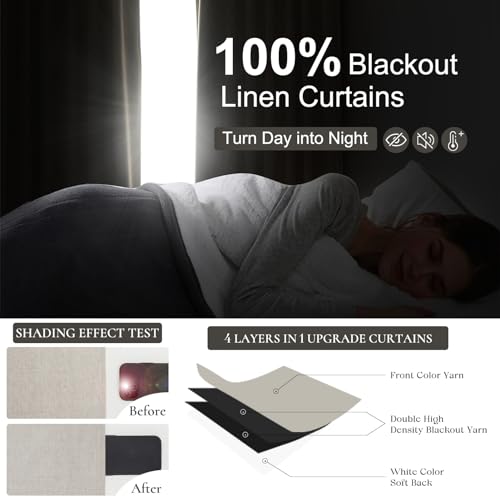 Natural Linen Pinch Pleated Blackout Curtains & Drapes 98 Inch Long Bedroom/Livingroom Farmhouse Curtain 2 Panel Sets, Neutral Track Room Darkening Thermal Insulated Back Tab Window (W40" x L98" x 2) - color: Natural, size: 40"W x 98"L (Pack of 2)