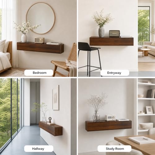 31.5'' Floating Console Table, Solid Wood Wall Mounted Entryway Table with Storage, Narrow Modern Hallway Table for Entryway & Front Hall - Walnut