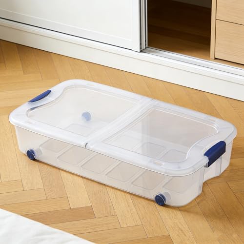 Large Storage Bin 66 Quart, Clear Underbed Storage Container with Latching Lid and 4 Wheels, Blue Plastic Organizer for Bedroom, Closet, or Home