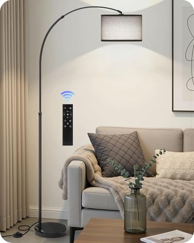 75" Arc Floor Lamp with Marble Base and Adjustable Height, Rotating Hanging Shade, Dimmable Floor Lamp for Living Room with Remote and Foot Switch, 3 Color Temperature, Gray Line Shade H15LD05N1 - color: Black + Gray
