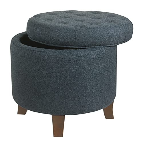 HomePop by Kinfine Fabric Upholstered Round Storage Ottoman - Velvet Button Tufted Ottoman with Removable Lid, Indigo Blue Woven - color: Indigo Blue Woven