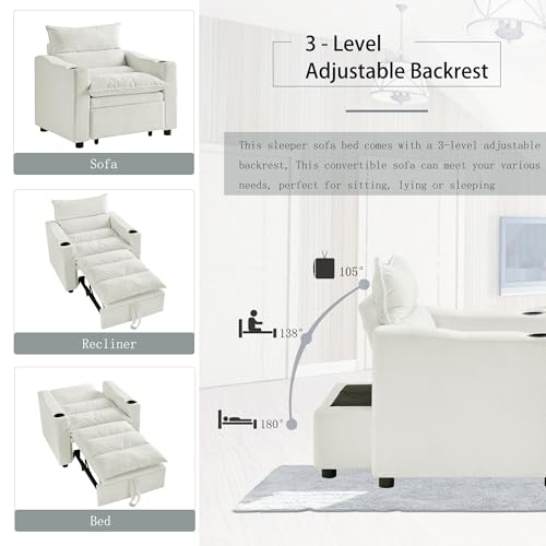 Eafurn 3-in-1 Convertible Sleeper Chair Bed Recliner Daybed w/Adjustable Backrest, Velvet Upholstered Pull Out Reading Chairs Modern Futon w/Cup Holders for Small Spaces Living Room - color: Beige 36.14"