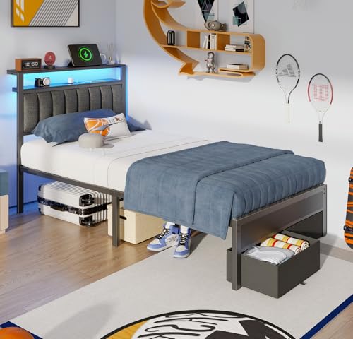 Twin Bed Frames with Storage Drawers and Upholstered Headboard | Metal Platform Bed with Charging Station, LED Lights, 2 Tier Shelves, Fabric Drawers. No Box Spring Needed, Noise Free, Grey - size: Twin