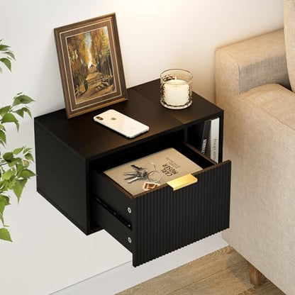 Masupu Floating Nightstand, Wall Mounted Floating Bedside Table with Storage Drawer and Open Shelf, Modern Bedroom Nightstand, 19.3" x 11.4" x 10", Black - color: Black