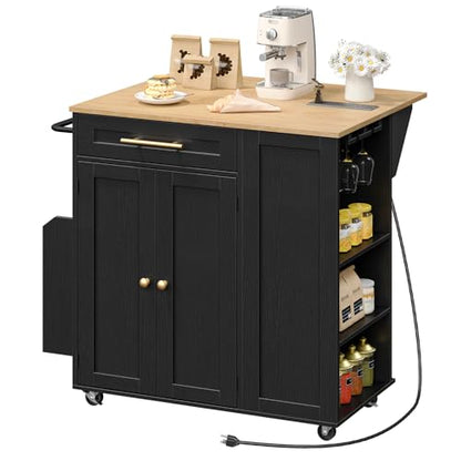 Kitchen Island with Storage, Rolling Kitchen Table with Drop Leaf, Charging Station, 3 Open Adjustable Shelf & Drawer, Towel Rack, Mobile Kitchen Cart for Dining Room, Black and Natural - color: Black + Natural