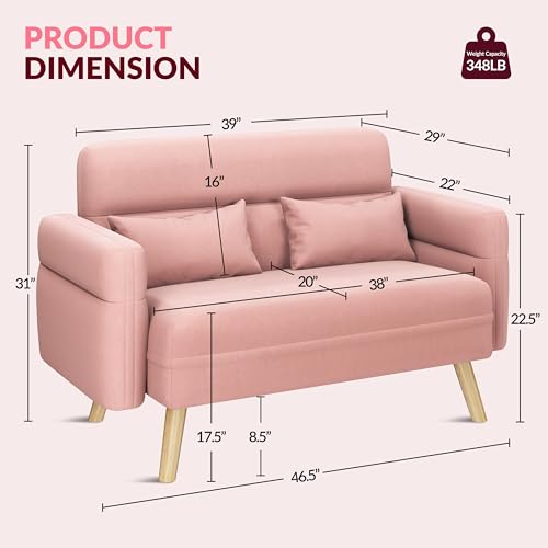 Yaheetech 46" Small Sofa Compact Modern Couch with Wood Legs, Pink | Loveseat Small Sofa in Fabric 2 Seater Couch Features Wood Legs, Lumbar Pillows, Easy Assembly for Living Room, Bedroom, Dorm - color: Pink