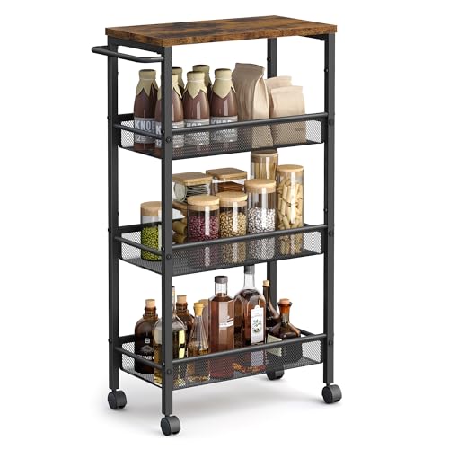 VASAGLE Slim Rolling Cart, 4-Tier Storage Cart, Narrow Cart with Handle, 8.7 Inches Deep, Metal Frame, for Kitchen, Dining Room, Living Room, Home Office, Rustic Brown and Classic Black ULRC033B01 - color: Rustic Brown + Classic Black, size: 4 Tiers (8.7"