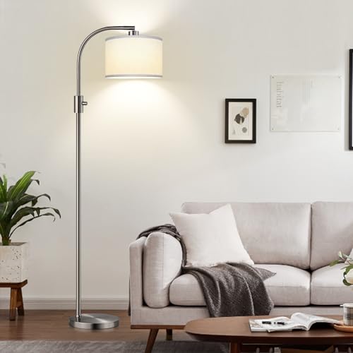 Nintiue Upgraded Modern Arc Dimmable Tall Standing Floor Lamp with Linen Shade, 1200 Lumens LED Bulb Included, for Living & Reading Room, Bedroom, Office & Nursery, Brushed Nickel - color: Brushed Nickel-White Shade
