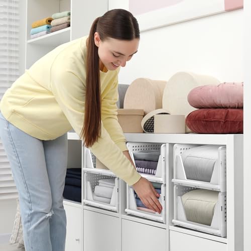 Sorbus 4 Pack Medium Shelf Organizer with Open Front Design Under Shelf for Closet Bathroom Kitchen Garage Plastic Stackable Storage Baskets - size: 4 Medium