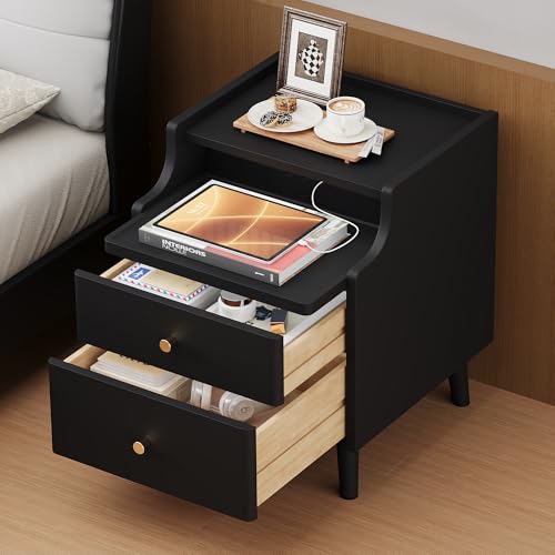 Nightstand with Drawers, 15.7" Solid Wood Side Table for Bedroom, Modern Bedside Table with Pull-Out Tray & Cable Management, Black - color: Black, size: 16"