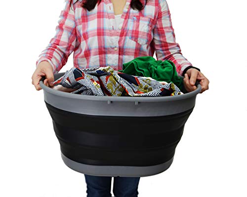 SAMMART 25L(6.6 gallon) Collapsible Plastic Laundry Basket-Oval Tub/Basket-Foldable Storage Container-Portable Washing Tub-Space Saving Laundry Hamper, Water capacity 20L(5.28 gallon)(2, Grey/Black) - color: Grey/Black