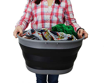 SAMMART 25L(6.6 gallon) Collapsible Plastic Laundry Basket-Oval Tub/Basket-Foldable Storage Container-Portable Washing Tub-Space Saving Laundry Hamper, Water capacity 20L(5.28 gallon)(2, Grey/Black) - color: Grey/Black